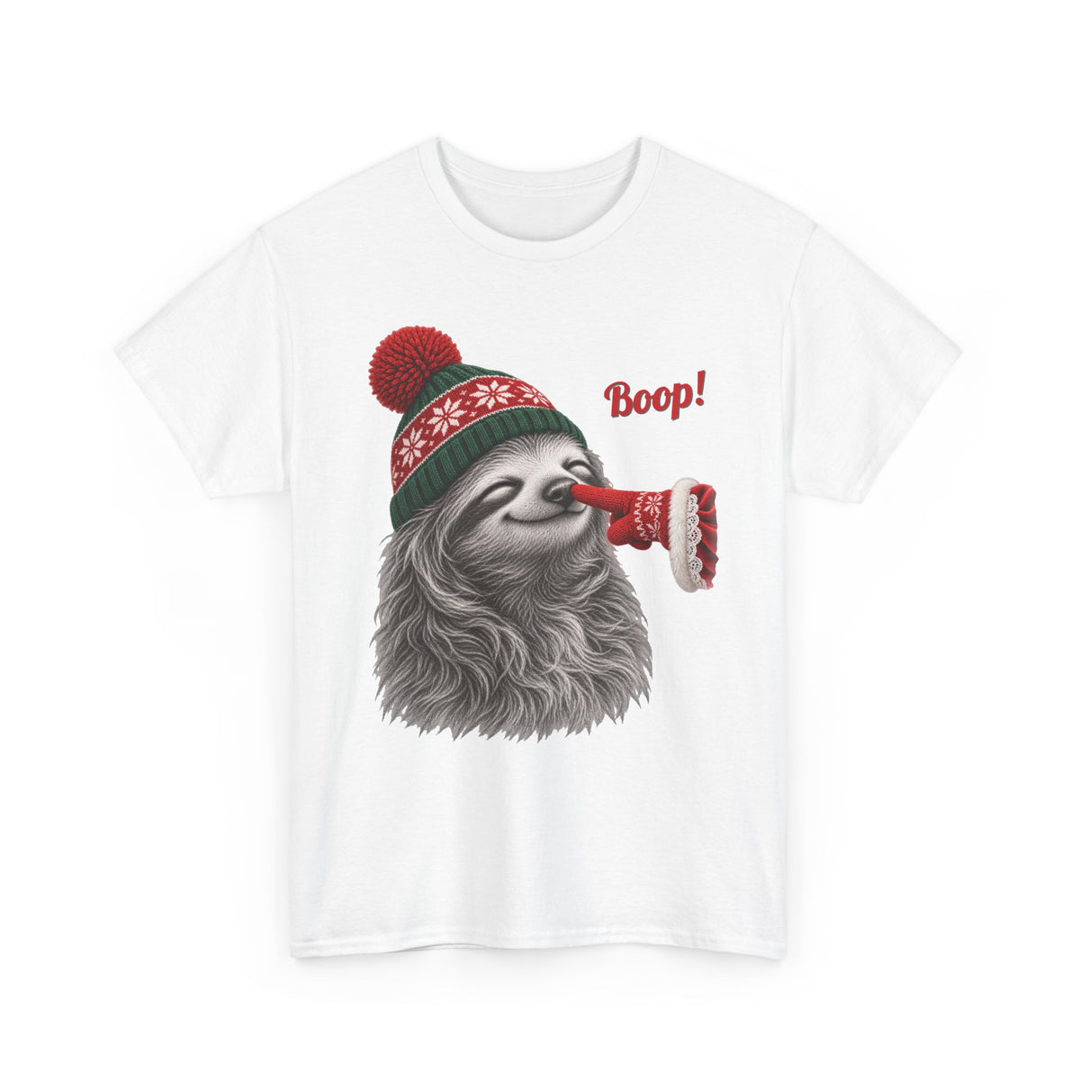 White Sloth Boop Christmas t-shirt with a smiling sloth in a knit beanie and a red mitten booping its nose, front view