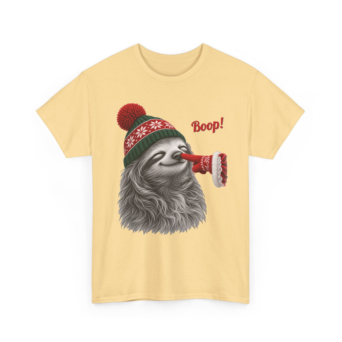 Yellow Haze Sloth Boop Christmas t-shirt with a smiling sloth in a knit beanie and a red mitten booping its nose, front view