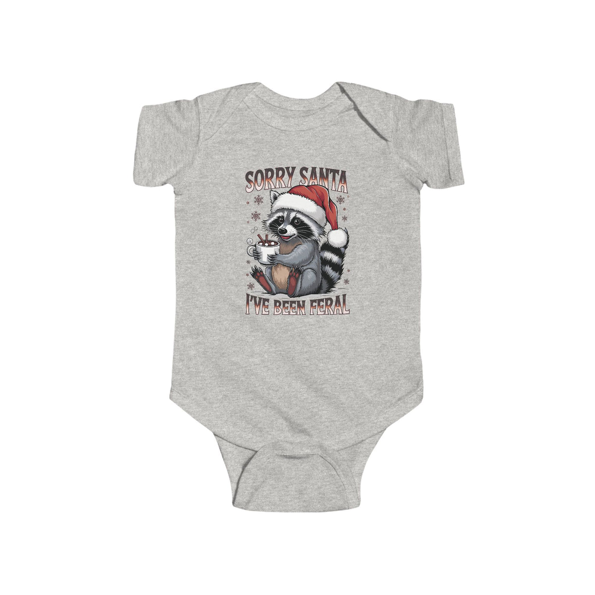 Ash Sorry Santa I've Been Feral baby bodysuit with a raccoon in a Santa hat holding hot cocoa, front view