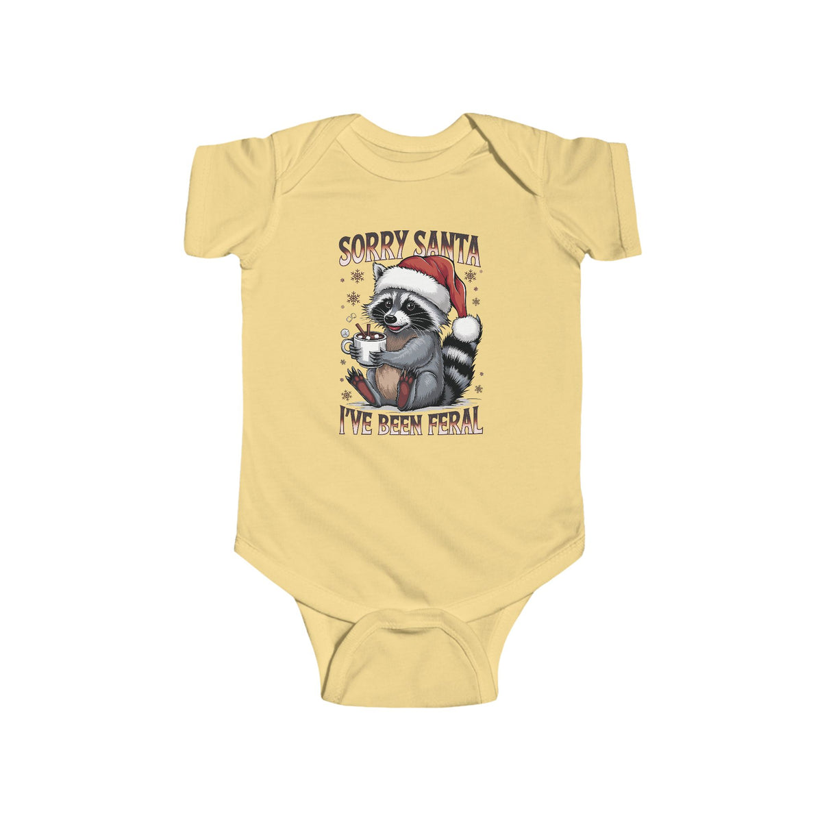 Butter Sorry Santa I've Been Feral baby bodysuit with a raccoon in a Santa hat holding hot cocoa, front view