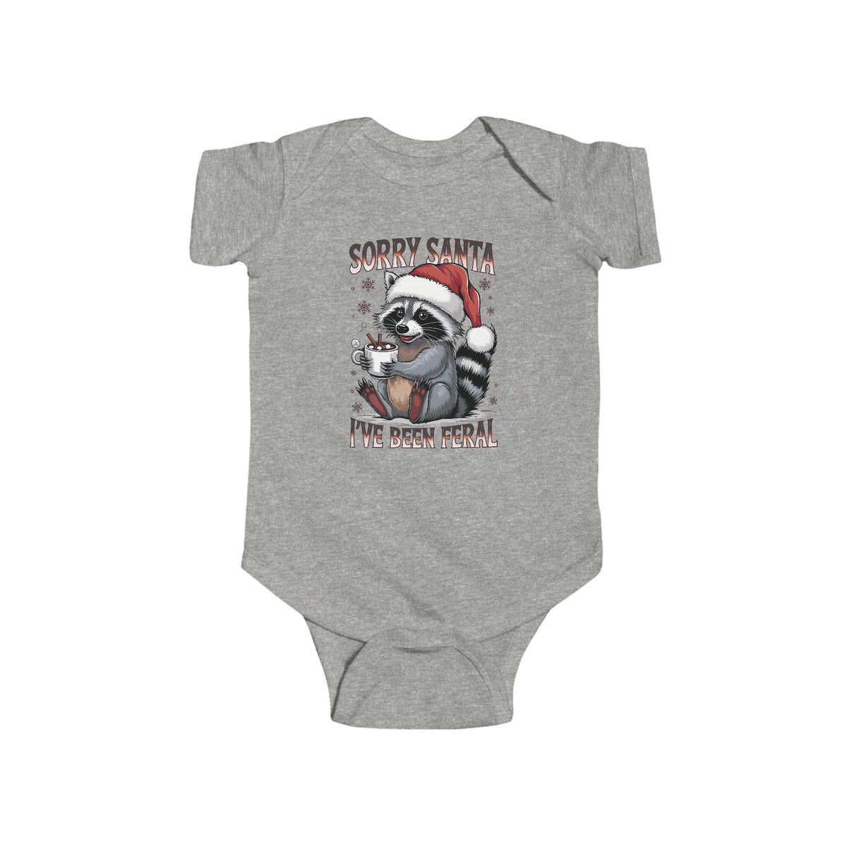 Heather Sorry Santa I've Been Feral baby bodysuit with a raccoon in a Santa hat holding hot cocoa, front view