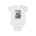 White Sorry Santa I've Been Feral baby bodysuit with a raccoon in a Santa hat holding hot cocoa, front view