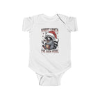 White Sorry Santa I've Been Feral baby bodysuit with a raccoon in a Santa hat holding hot cocoa, front view