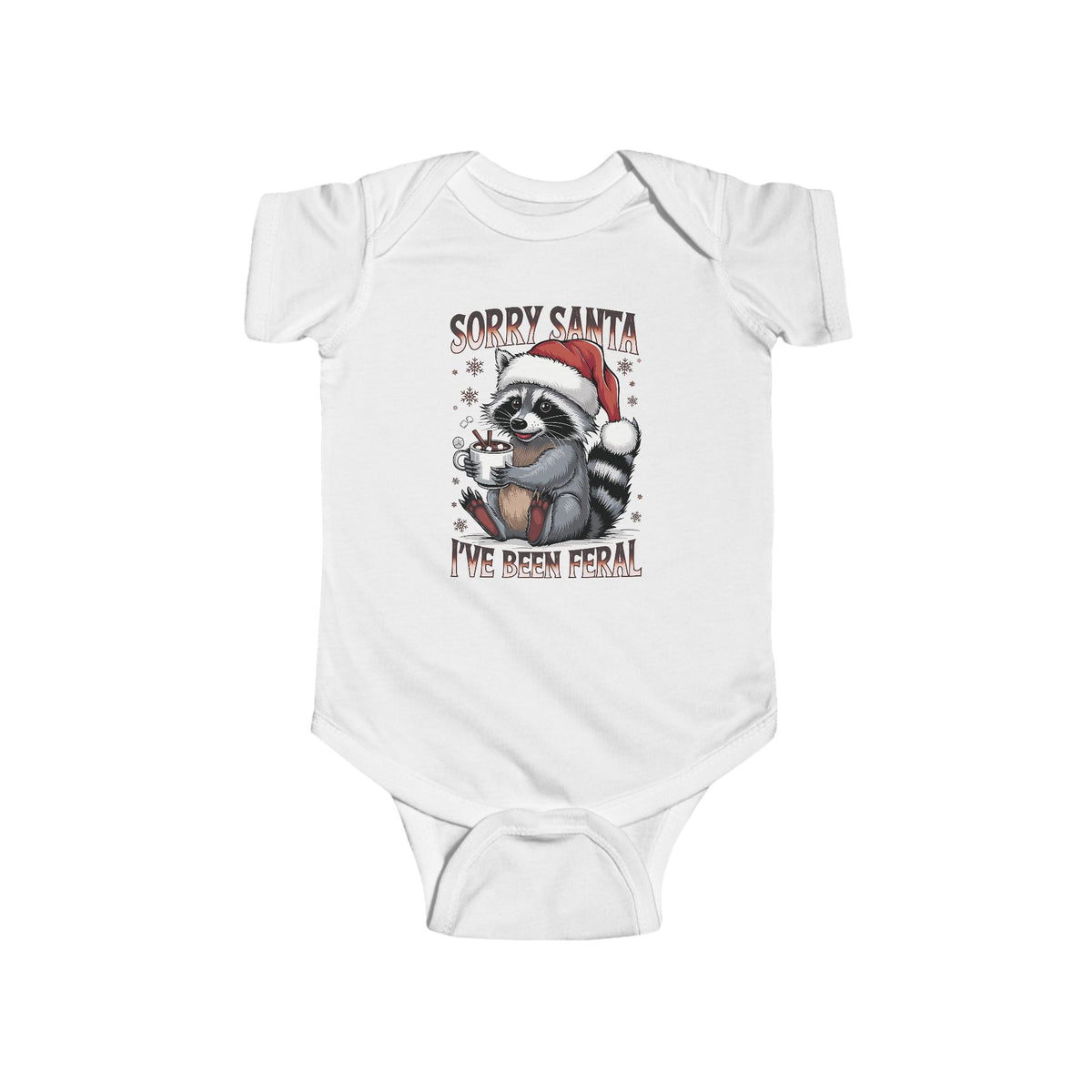White Sorry Santa I've Been Feral baby bodysuit with a raccoon in a Santa hat holding hot cocoa, front view