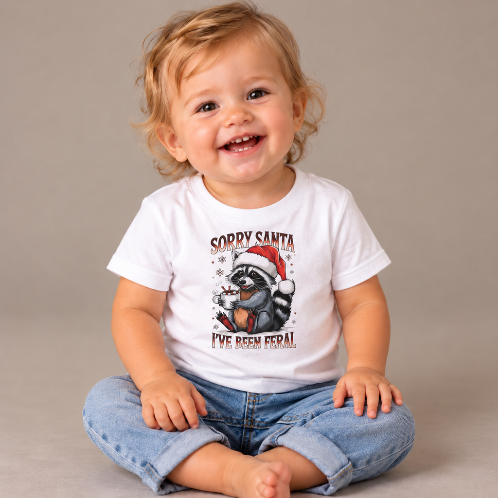 Baby wearing the White Sorry Santa I've Been Feral Raccoon Baby T-Shirt
