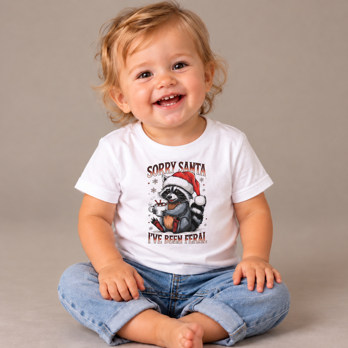 Baby wearing the White Sorry Santa I've Been Feral Raccoon Baby T-Shirt