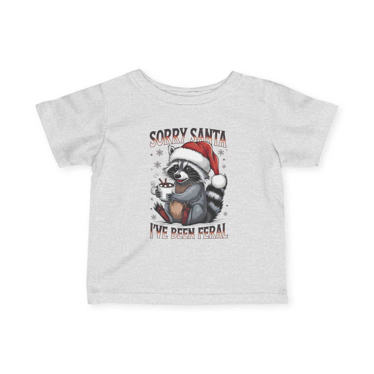 Heather Sorry Santa I've Been Feral baby t-shirt with a raccoon in a Santa hat holding hot cocoa, front view