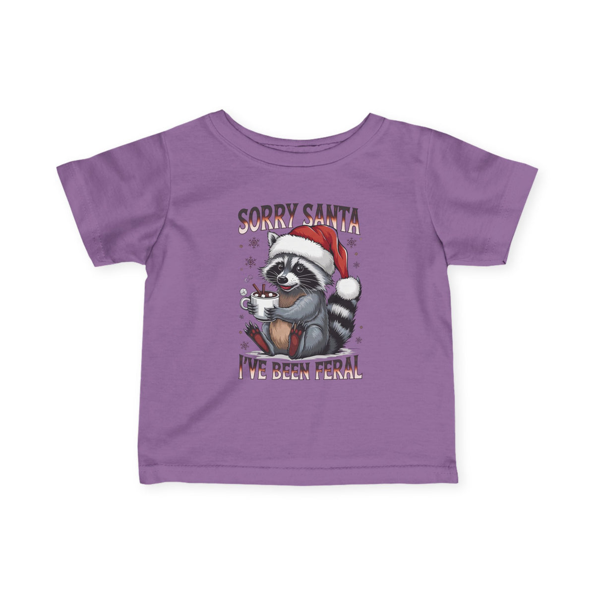 Lavender Sorry Santa I've Been Feral baby t-shirt with a raccoon in a Santa hat holding hot cocoa, front view