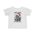 White Sorry Santa I've Been Feral baby t-shirt with a raccoon in a Santa hat holding hot cocoa, front view