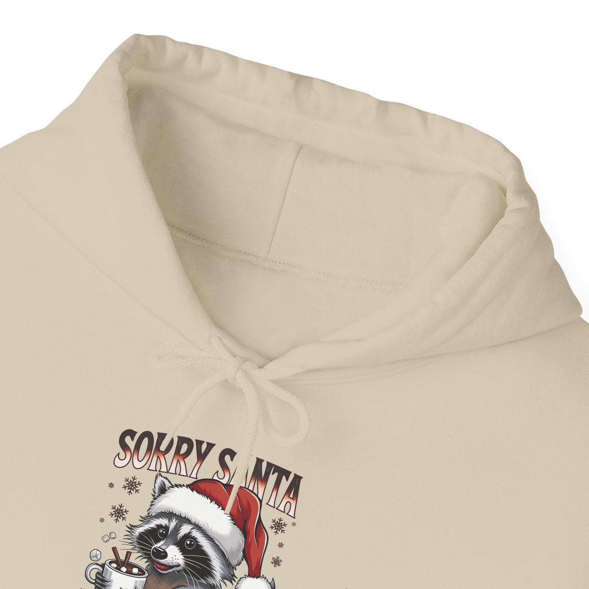 Sorry Santa I've Been Feral Raccoon Hoodie, front collar close-up