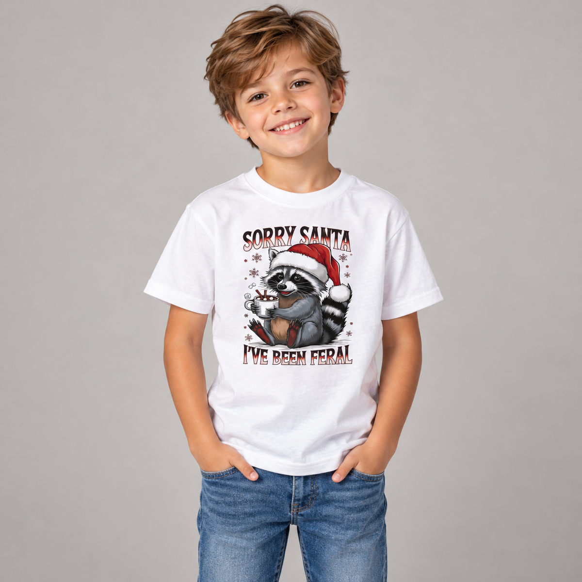 Boy wearing the White Sorry Santa I've Been Feral Raccoon Kids T-Shirt with jeans