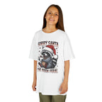 Girl wearing the white Sorry Santa I've Been Feral Raccoon Kids T-Shirt