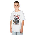 Boy wearing the white Sorry Santa I've Been Feral Raccoon Kids T-Shirt