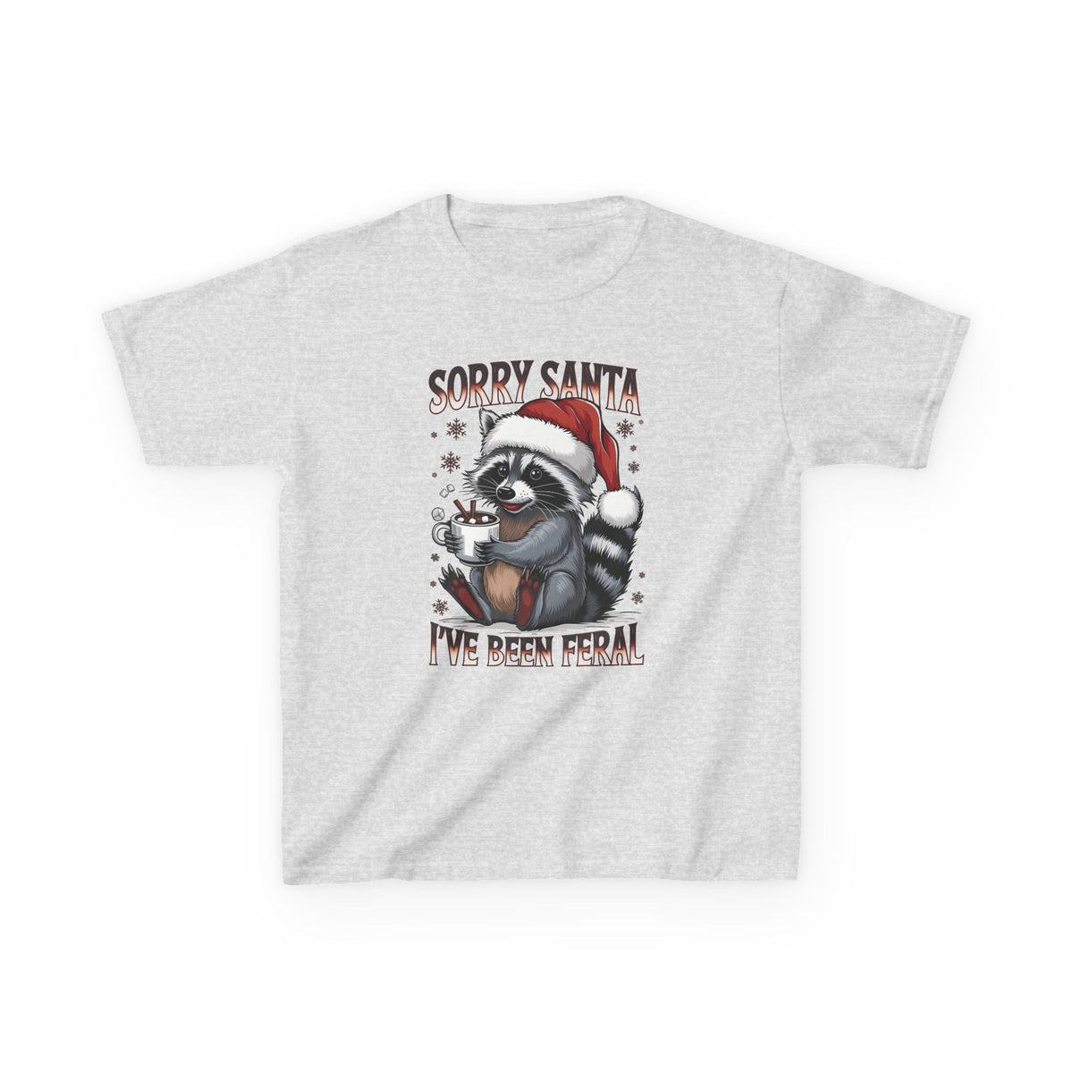 Ash Sorry Santa I've Been Feral kids t-shirt with a raccoon in a Santa hat holding hot cocoa, front view