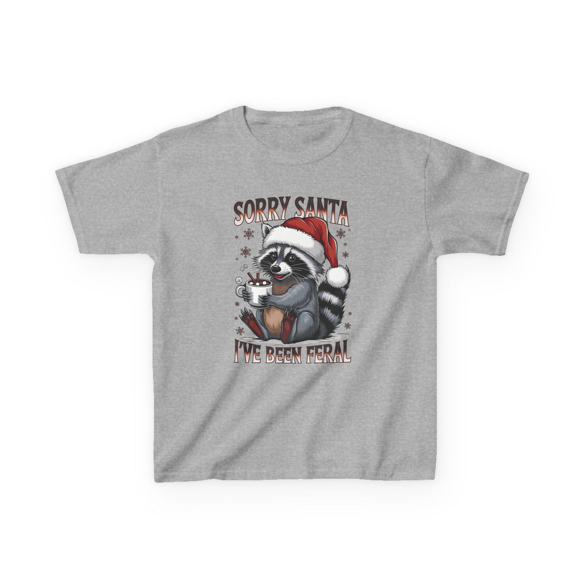 Sport Grey Sorry Santa I've Been Feral kids t-shirt with a raccoon in a Santa hat holding hot cocoa, front view