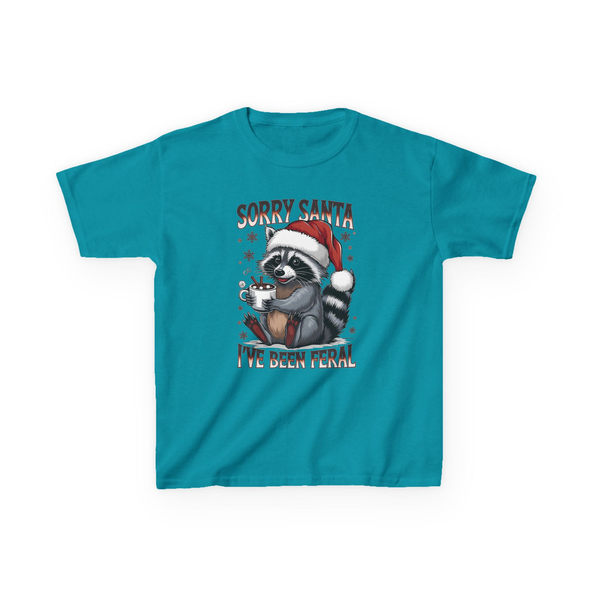 Tropical Blue Sorry Santa I've Been Feral kids t-shirt with a raccoon in a Santa hat holding hot cocoa, front view
