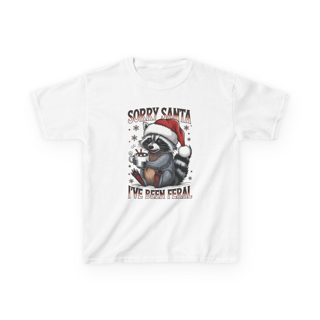 White Sorry Santa I've Been Feral kids t-shirt with a raccoon in a Santa hat holding hot cocoa, front view