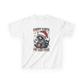 White Sorry Santa I've Been Feral kids t-shirt with a raccoon in a Santa hat holding hot cocoa, front view