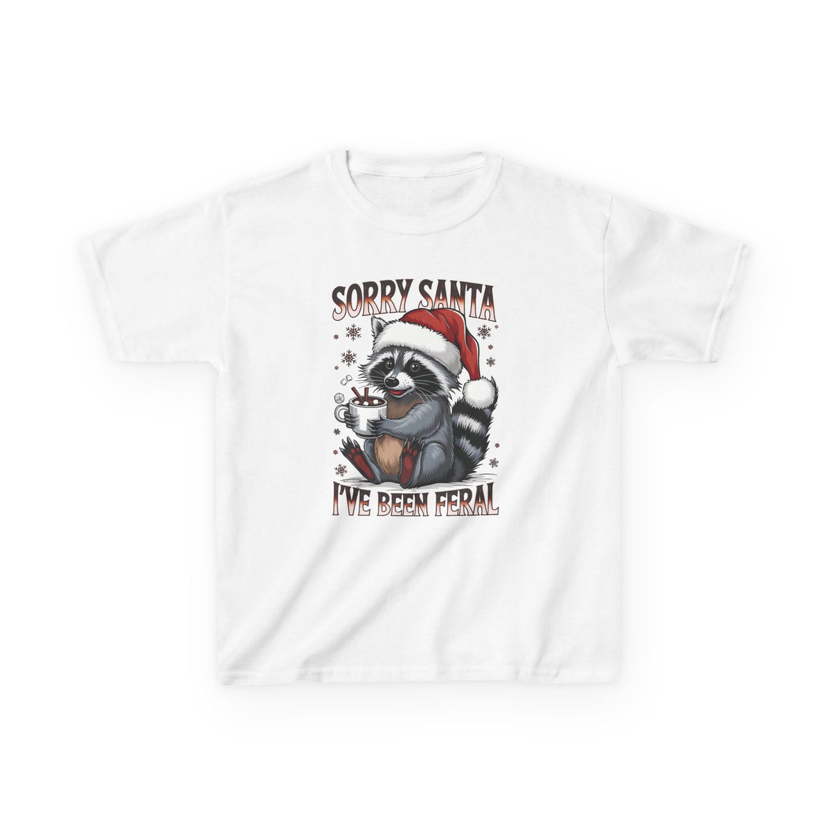 White Sorry Santa I've Been Feral kids t-shirt with a raccoon in a Santa hat holding hot cocoa, front view