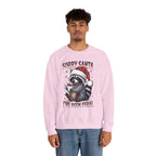 Man wearing the Light Pink Sorry Santa I've Been Feral Raccoon Sweatshirt
