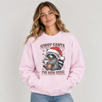 Woman wearing the Light Pink Sorry Santa I've Been Feral Raccoon Sweatshirt with jeans