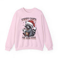 Light Pink Sorry Santa I've Been Feral sweatshirt with a Santa hat raccoon holding hot cocoa, front view