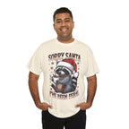 Man wearing the Natural Sorry Santa I've Been Feral Raccoon T-Shirt