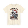 Natural Sorry Santa I've Been Feral t-shirt with a Santa hat raccoon holding hot cocoa, front view