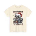 Natural Sorry Santa I've Been Feral t-shirt with a Santa hat raccoon holding hot cocoa, front view