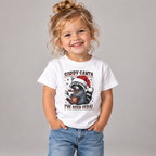 Toddler wearing the White Sorry Santa I've Been Feral Raccoon Toddler T-Shirt with jeans