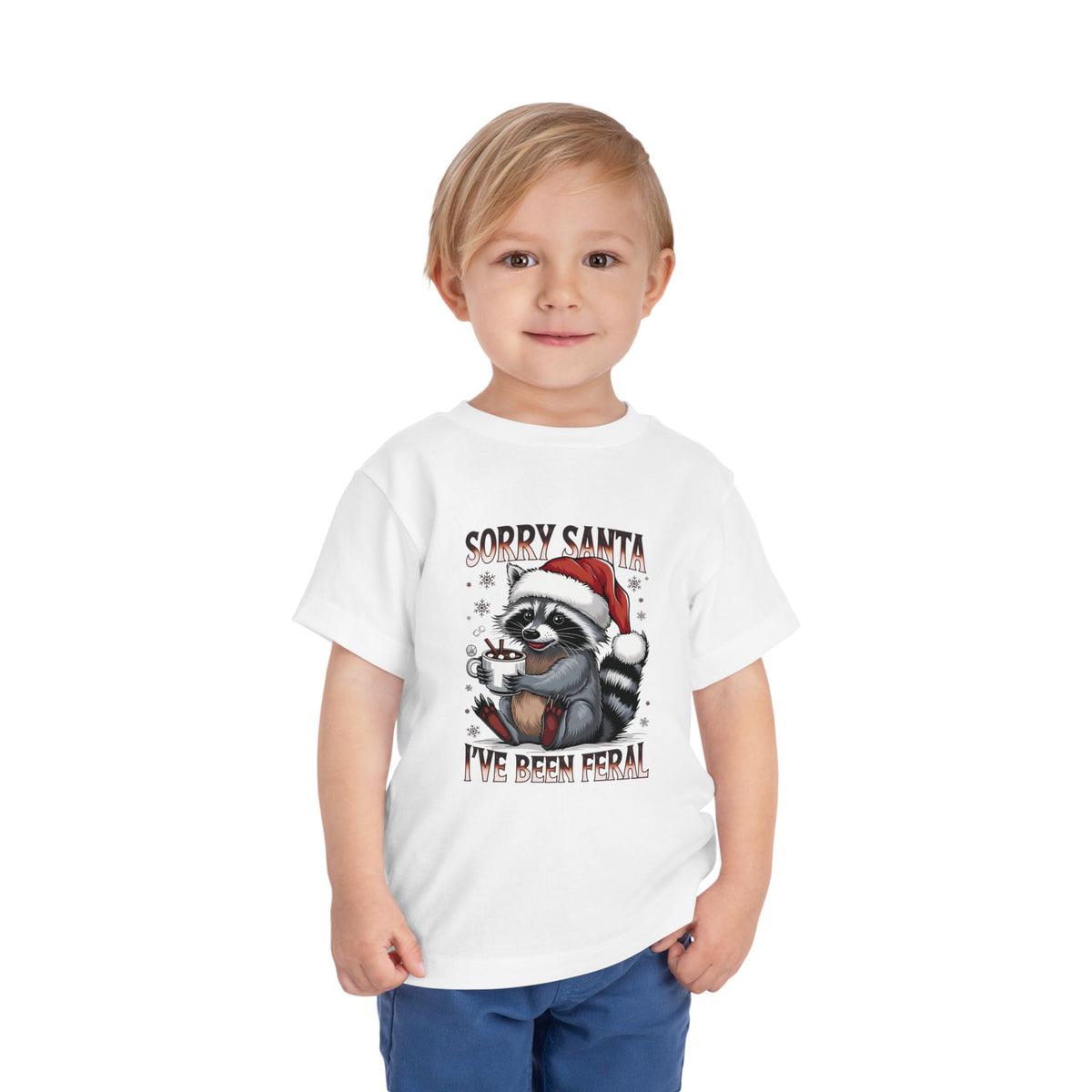 Toddler wearing the white Sorry Santa I've Been Feral Raccoon Toddler T-Shirt