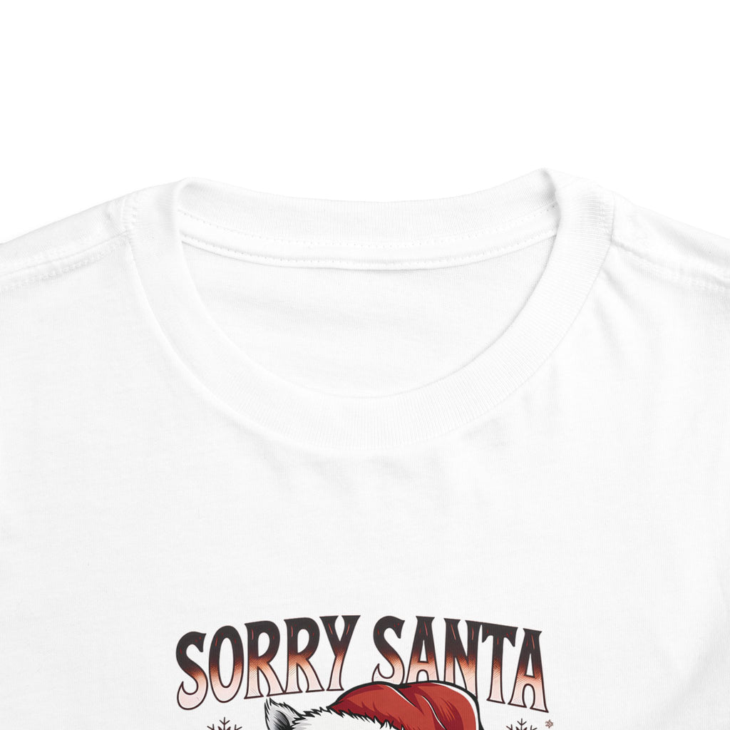 Sorry Santa I've Been Feral Raccoon Toddler T-Shirt, front collar close-up