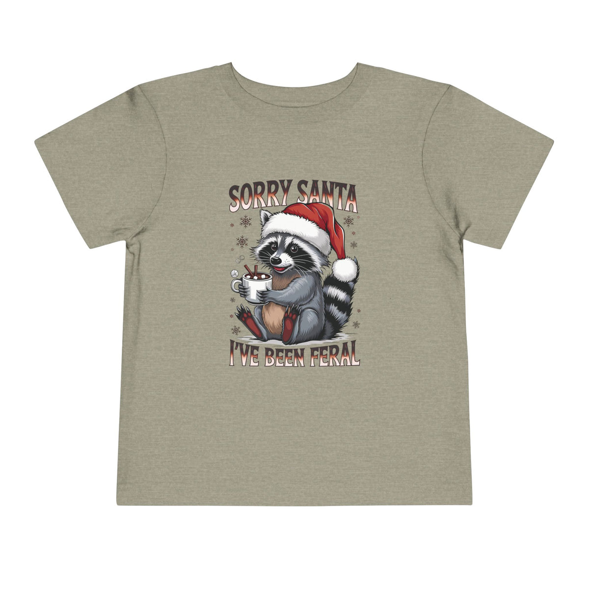 Heather Stone Sorry Santa I've Been Feral toddler t-shirt with a raccoon in a Santa hat holding hot cocoa, front view