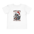 White Sorry Santa I've Been Feral toddler t-shirt with a raccoon in a Santa hat holding hot cocoa, front view