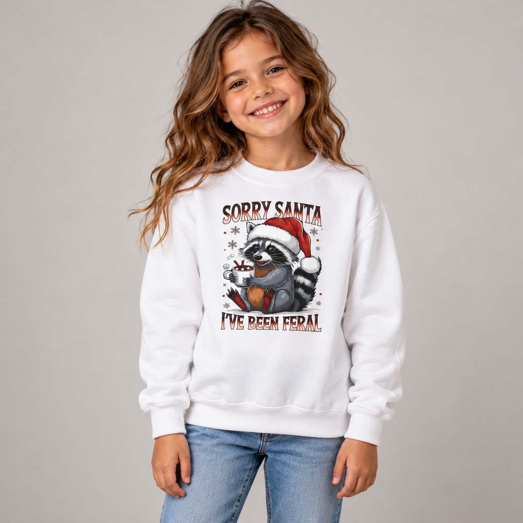 Girl wearing the White Sorry Santa I've Been Feral Raccoon Youth Sweatshirt with jeans