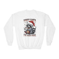 White Sorry Santa I've Been Feral youth sweatshirt with a raccoon in a Santa hat holding hot cocoa, front view