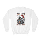 White Sorry Santa I've Been Feral youth sweatshirt with a raccoon in a Santa hat holding hot cocoa, front view