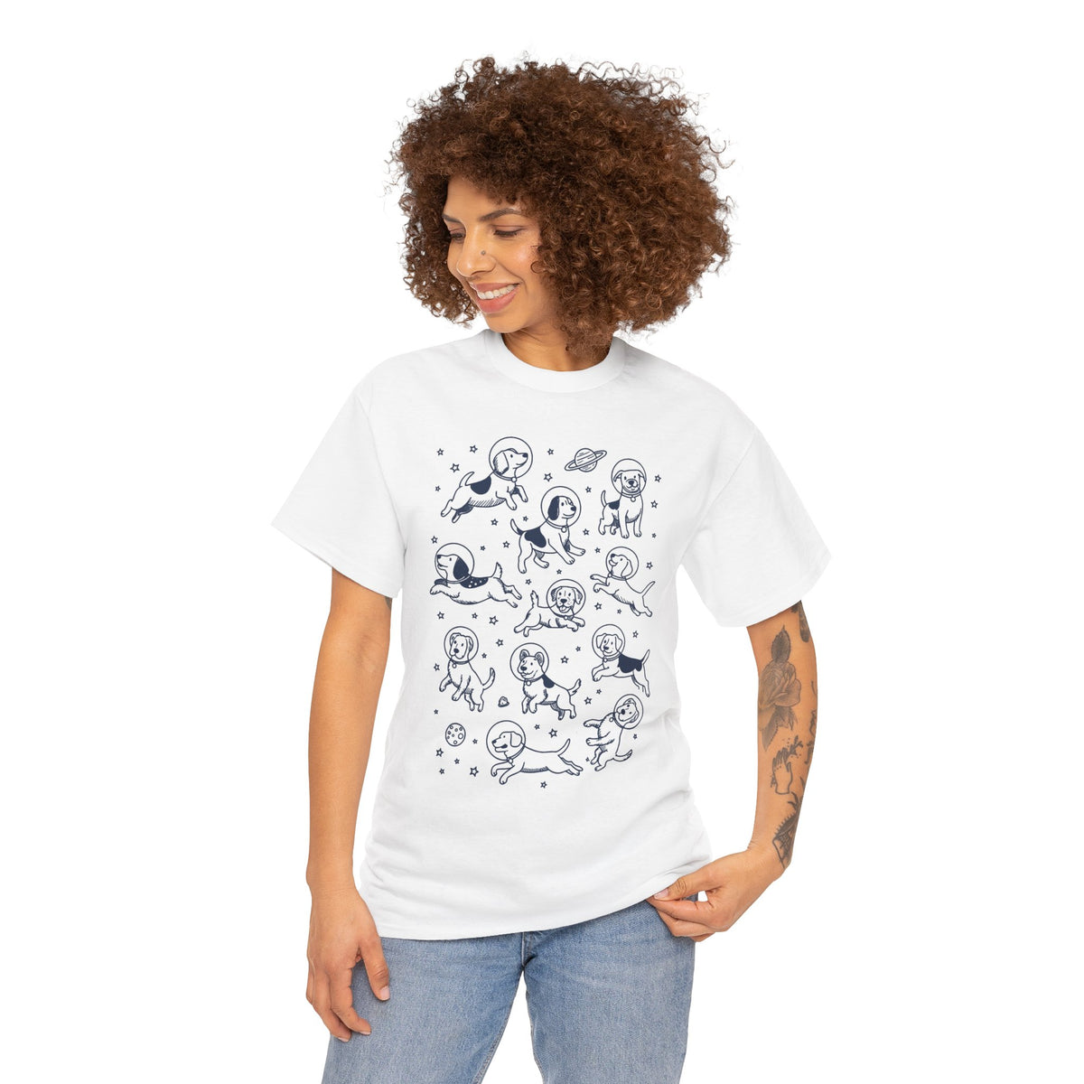 Space dogs astronaut graphic tee, additional product view of the navy astronaut dog print