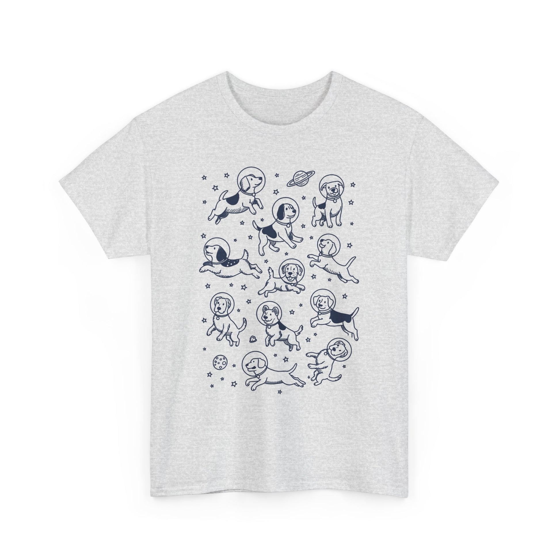 Ash grey space dogs astronaut graphic tee with navy line-art dogs floating among stars