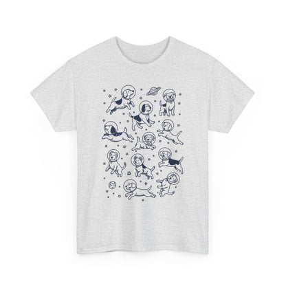 Ash grey space dogs astronaut graphic tee with navy line-art dogs floating among stars