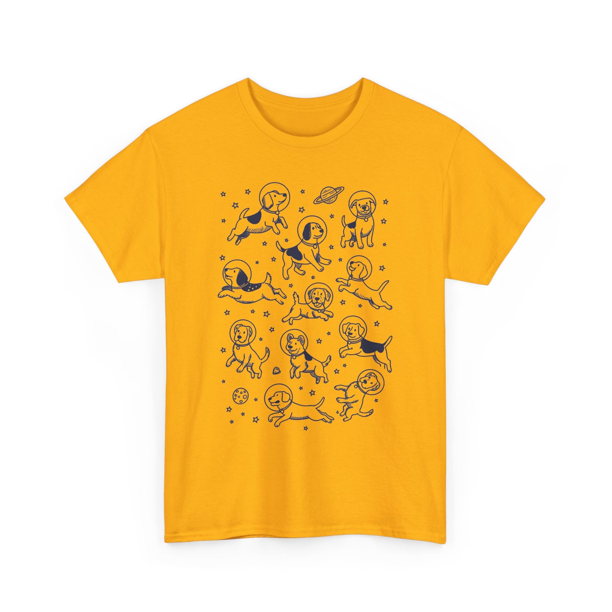 Gold space dogs astronaut graphic tee with navy line-art dogs in space helmets