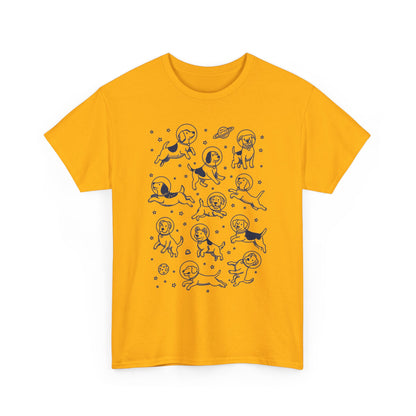 Gold space dogs astronaut graphic tee with navy line-art dogs in space helmets