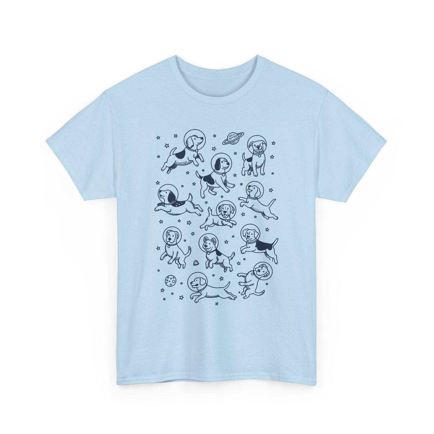 Light blue space dogs astronaut graphic tee with navy astronaut dog and planet print