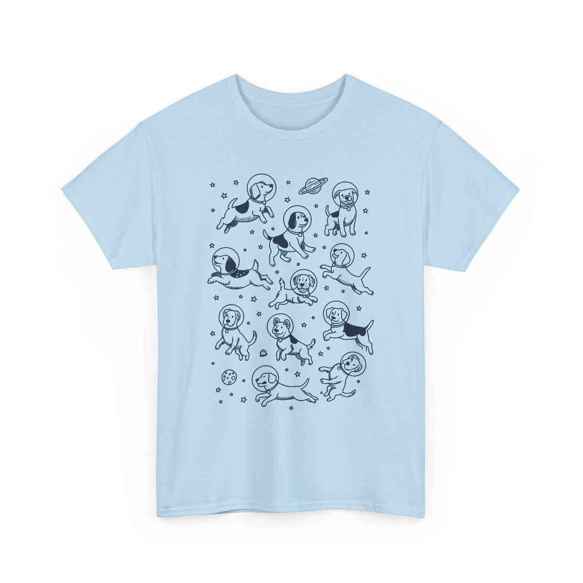 Light blue space dogs astronaut graphic tee with navy astronaut dog and planet print