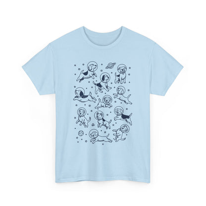 Light blue space dogs astronaut graphic tee with navy astronaut dog and planet print