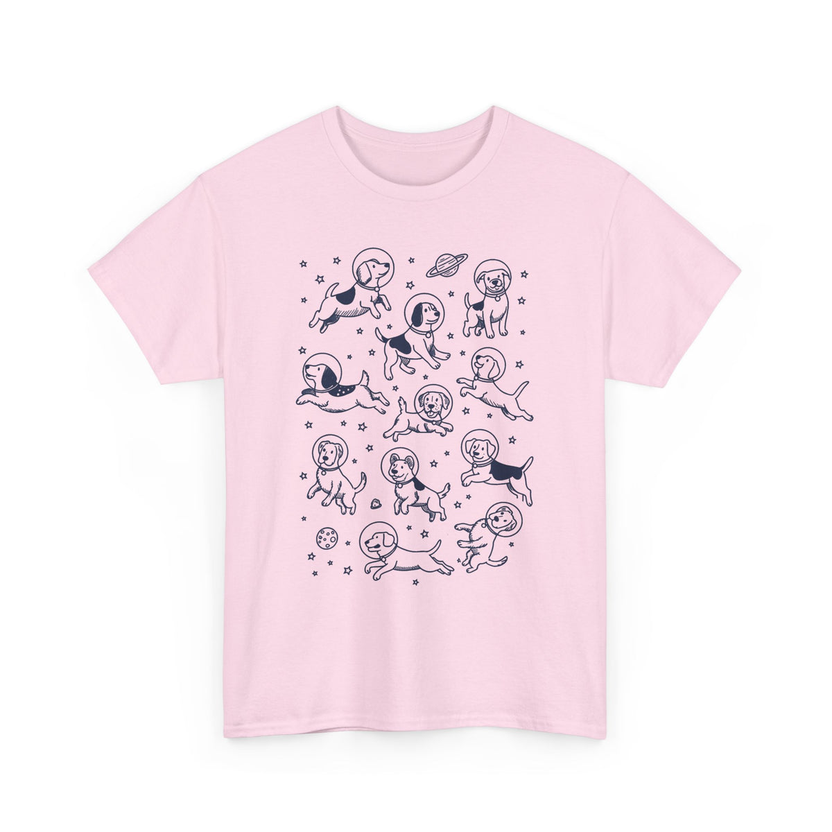 Light pink space dogs astronaut graphic tee with navy line-art dogs floating in space