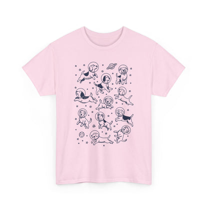 Light pink space dogs astronaut graphic tee with navy line-art dogs floating in space