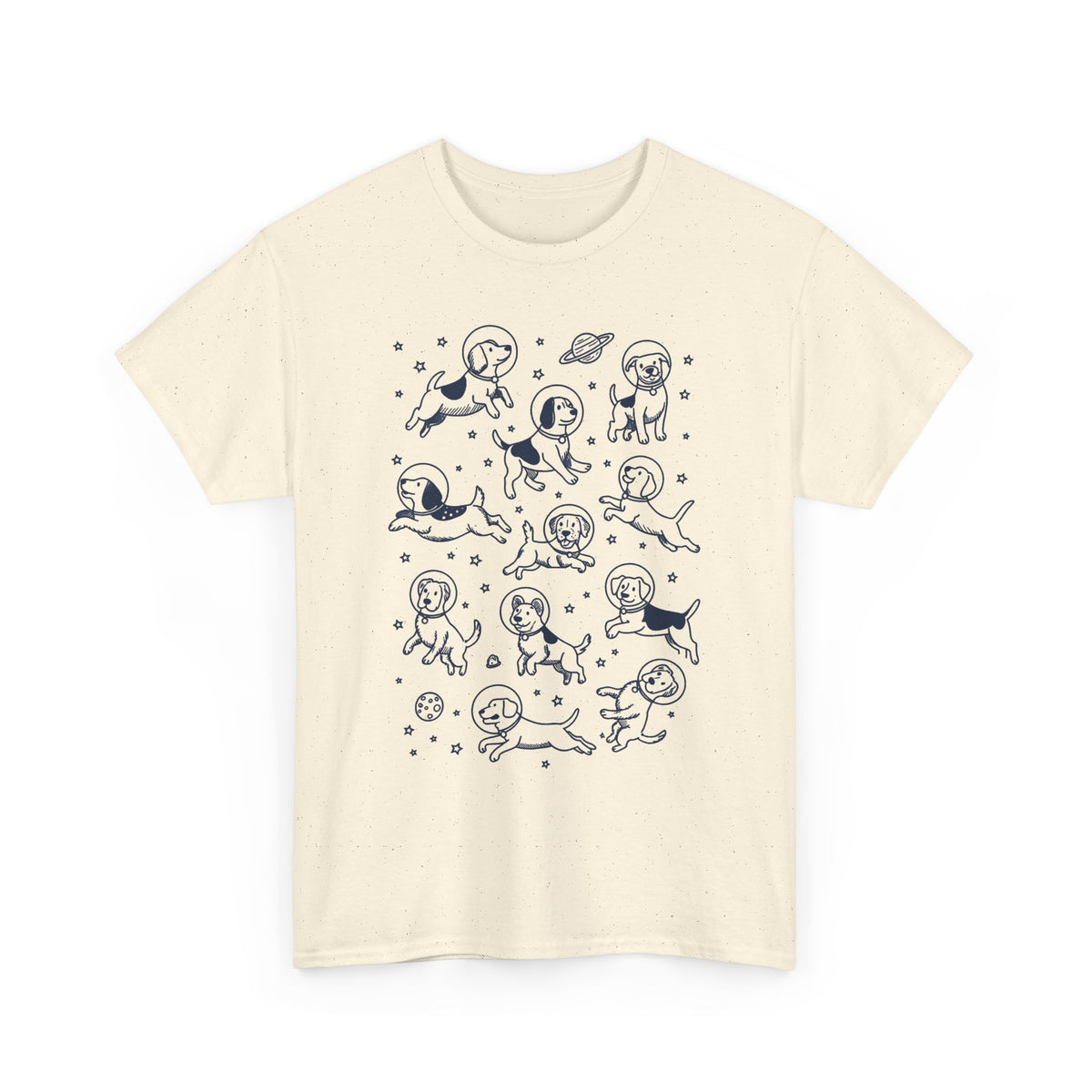 Natural space dogs astronaut graphic tee with navy astronaut dog print, front view