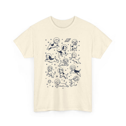 Natural space dogs astronaut graphic tee with navy astronaut dog print, front view