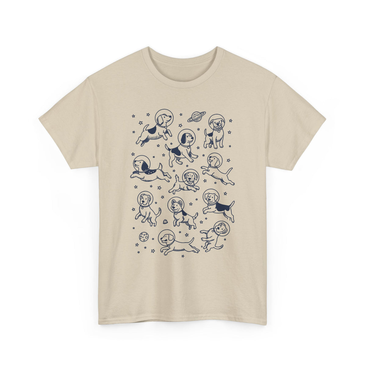 Sand space dogs astronaut graphic tee with navy astronaut dog print, front view